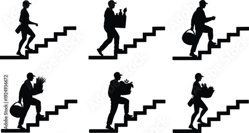 People climbing stairs silhouette set with workers carrying groceries and bags, symbolizing daily routine, effort, progress and upward movement isolated on white background