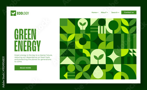 Ecology business company landing page with green geometric Bauhaus pattern. Renewable power vector Internet webpage. Clean green energy production company landing page with Bauhaus artwork pattern