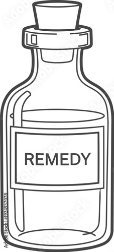 A simple illustration of a bottle labeled remedy symbolizing healing or cure
