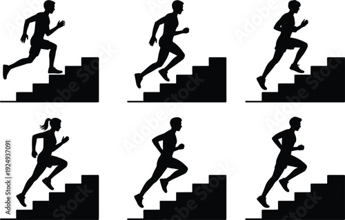 Silhouette illustration of people running upstairs on staircases in dynamic poses for fitness, exercise, determination, progress, and motivational design themes