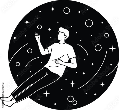 Astronaut floating amidst a starry cosmic background with planets orbiting.