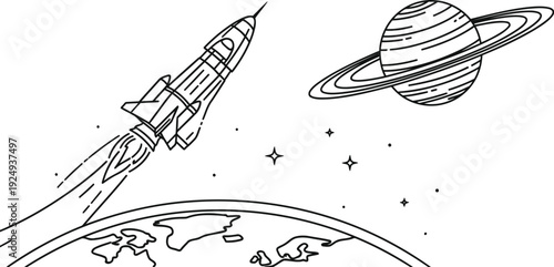 A vintage-style illustration of a rocket ship and a planet in space exploration