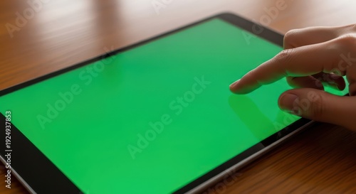 Person interacting with tablet computer featuring a vibrant green screen display