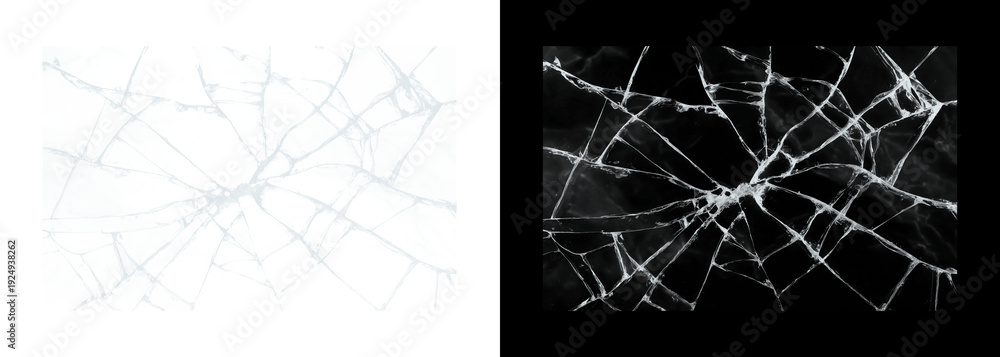 Obraz premium Cracked glass shattered windowpane fragments on black and white backgrounds