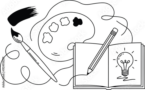 Creative mind sketching ideas with a lightbulb moment on a notepad