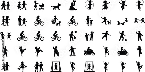 Children silhouettes playing outdoor activities, kids jumping rope running cycling swinging with dog ball kite swing playground poses, vector illustration