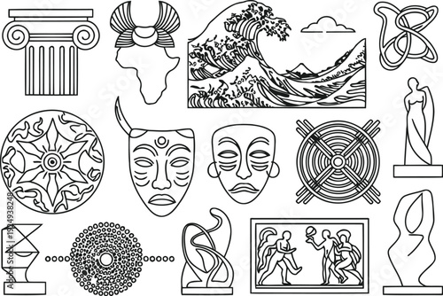 Assorted vintage and modern symbols representing various professions and activities