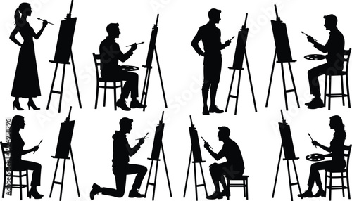 Collection of artist silhouettes painting at easel, men women painters with brushes palette poses, vector illustration set creative hobby fine art people.