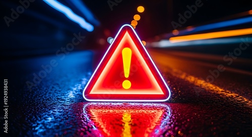 Illuminated red triangle hazard sign with exclamation point on a wet road at night