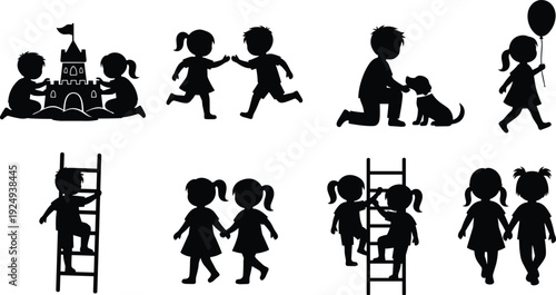Collection of happy children silhouettes playing together, kids climbing ladder building sandcastle petting dog holding balloon running jumping, vector illustration childhood fun set.