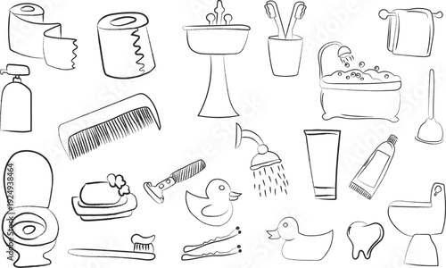 Hand drawn bathroom icons set, Black and white bathroom accessory doodles featuring soap, shampoo, toothbrush, comb and a rubber duck in a cute doodle sketch style for hygiene and self care concepts
