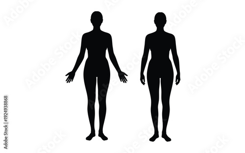 Silhouettes of two figures standing with arms extended and relaxed at their sides isolated on white background, Vector, illustration