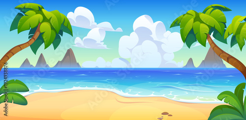 Tropical sea beach landscape vector background. Cartoon summer day beach of tropical sea island, green palm trees and blue water surf waves under sunny sky nature landscape with mountains on horizon