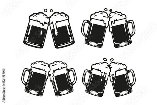 Cheers Beer Mugs Icon Silhouette Isolated on White Background., Beer Mug Cheers Icon Set – Clinking Beer Glass Line Art Vector Collection.
