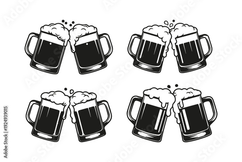Cheers Beer Mugs Icon Silhouette Isolated on White Background., Beer Mug Cheers Icon Set – Clinking Beer Glass Line Art Vector Collection.