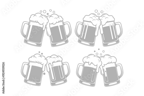 Cheers Beer Mugs Icon Silhouette Isolated on White Background., Beer Mug Cheers Icon Set – Clinking Beer Glass Line Art Vector Collection.