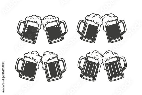 Cheers Beer Mugs Icon Silhouette Isolated on White Background., Beer Mug Cheers Icon Set – Clinking Beer Glass Line Art Vector Collection.