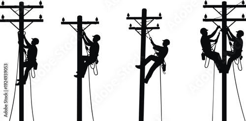 Electrician worker silhouette climbing utility pole, power line technician repair maintenance isolated vector illustration on white background