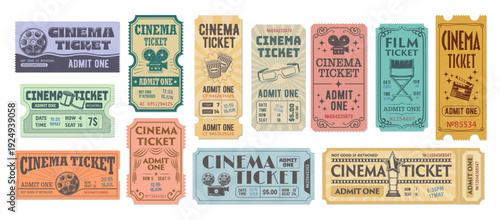 Old movie and cinema tickets set. Vector vintage movie theater raffle tickets with stubs, old paper coupons and vouchers. Cinema festival event admission cards with film reels, 3d glasses and popcorn