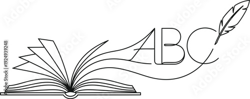 An elegant quill pen resting atop an open book with the alphabet symbol.