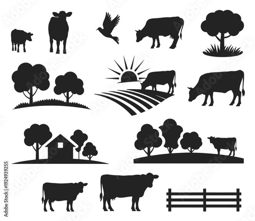 Silhouette collection featuring farm animals and scenic landscapes isolated on white background, Vector, illustration
