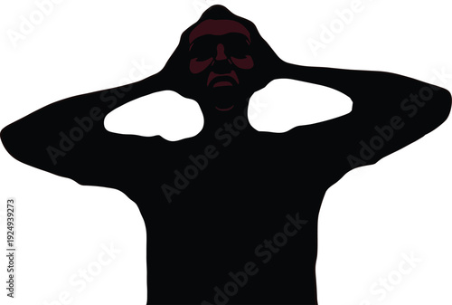 Flat vector illustration of stressed person silhouette holding head, emotional pose, frustration, contemplation, anxiety, mental health, artistic design