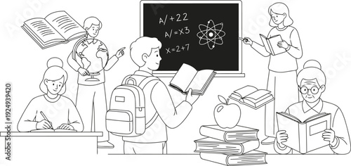 A whimsical gathering of animals and humans in a surreal, tree-filled landscape