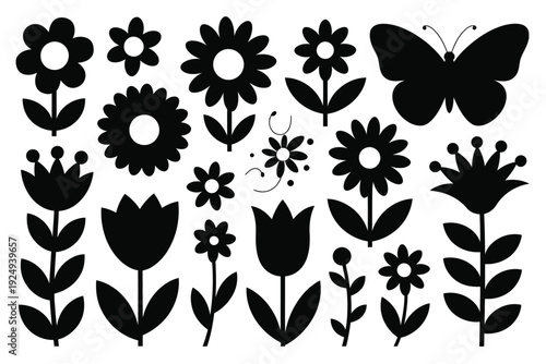 Black and white floral and butterfly illustration collection for decorative use isolated on white background, Vector, illustration