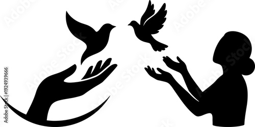 Silhouette of Woman and Hand Releasing Doves Symbolizing Peace, Freedom, Hope and Emotional Liberation Concept Illustration