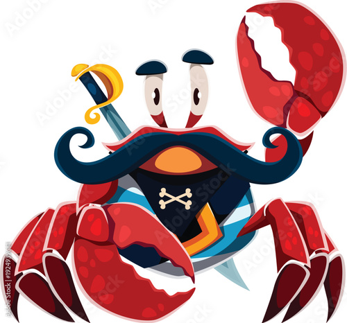 Cartoon red crab animal pirate character with red shell and large claws, one of which is raised. Vector corsair has a thick curled mustache, wears a striped vest and carries a sword behind the back