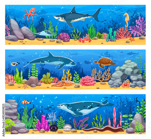 Underwater landscape game background banners with sea animals, seaweed and corals. Vector underwater world scene with ocean sea sand bottom landscape, cartoon fish school, shark, dolphin and crab