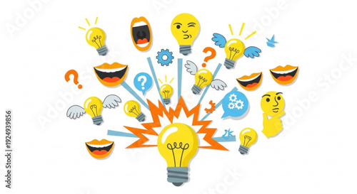 Creative ideas and inspiration burst from a central lightbulb surrounded by questioning expressions and symbols of innovation on a white background