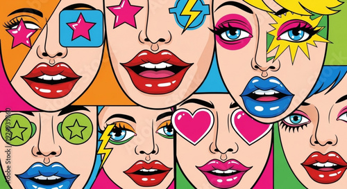 Vibrant pop art faces of women with colorful makeup and symbols on their cheeks and foreheads arranged in rows on a multicolored background