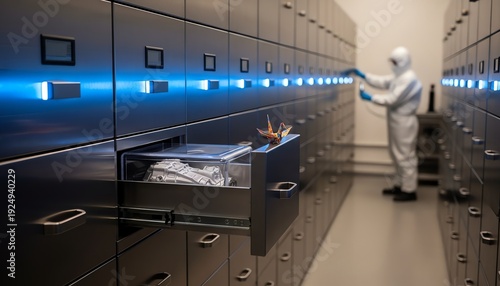 Secure underground vault with stainless steel storage units and technician in hazmat suit