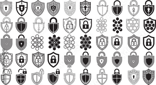 Collection of various security icons with shields and locks in black and white