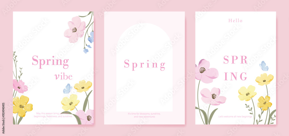 Fototapeta premium watercolor Spring Floral invitation card vector. Hand drawn botanical flowers template background. Design illustration for wedding, vip cover, poster, rsvp modern card, birthday party.