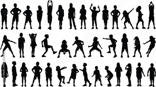 Children kids silhouette set, active playful boys girls jumping running dancing posing happy childhood activity vector black icons pattern background