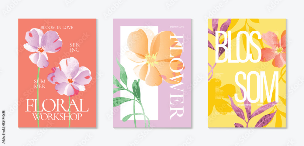 Fototapeta premium watercolor Spring Floral invitation card vector. Hand drawn botanical flowers template background. Design illustration for wedding, vip cover, poster, rsvp modern card, birthday party.