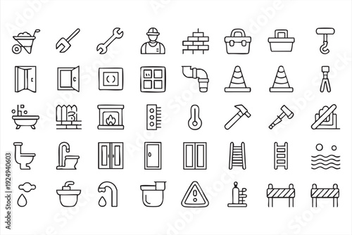 Builder tools and bathroom fixture line icons for engineering and renovation projects