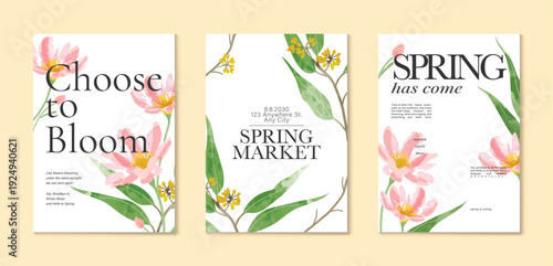 watercolor Spring Floral invitation card vector. Hand drawn botanical flowers template background. Design illustration for wedding, vip cover, poster, rsvp modern card, birthday party.