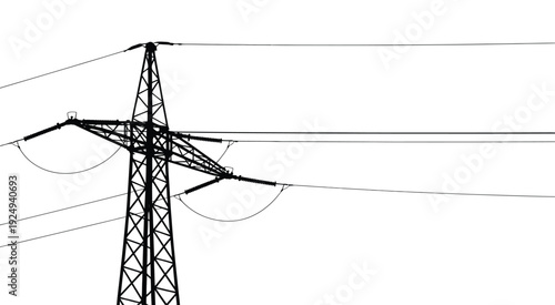 Power transmission tower with high-voltage electrical lines against a clear sky isolated on white background, Vector, illustration