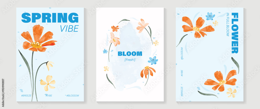Fototapeta premium watercolor Spring Floral invitation card vector. Hand drawn botanical flowers template background. Design illustration for wedding, vip cover, poster, rsvp modern card, birthday party.