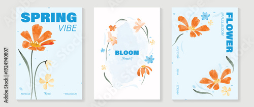 watercolor Spring Floral invitation card vector. Hand drawn botanical flowers template background. Design illustration for wedding, vip cover, poster, rsvp modern card, birthday party.