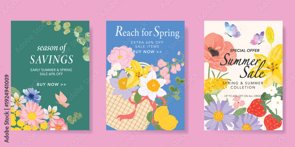 Fototapeta premium watercolor Spring Floral invitation card vector. Hand drawn botanical flowers template background. Design illustration for wedding, vip cover, poster, rsvp modern card, birthday party.