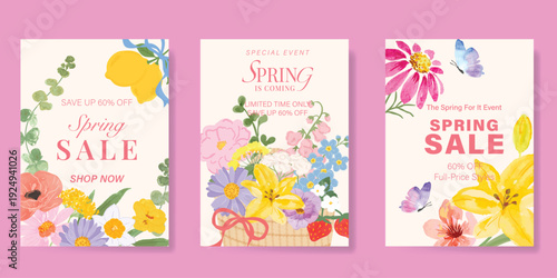 watercolor Spring Floral invitation card vector. Hand drawn botanical flowers template background. Design illustration for wedding, vip cover, poster, rsvp modern card, birthday party.