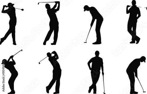 Golf player silhouette set, male and female golfers swinging club, putting and driving isolated vector illustration on white background