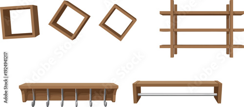 Set of wooden wall shelves including floating cube boxes storage racks and coat hanger hooks isolated on white background vector