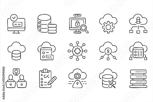 Cybersecurity and cloud database icons for enterprise software interfaces