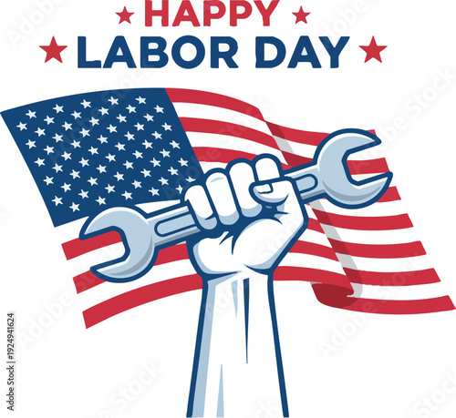 Happy Labor Day American Flag and Wrench Illustration