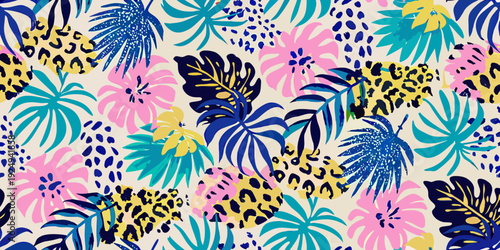 Vibrant tropical leaf and animal print seamless pattern on a light background
